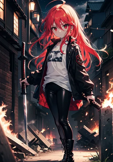 shana,灼眼のshana,long hair, redhead, red eyes, ahoge,small breasts,serious face,black rider jacket,black t-shirt,leather pants,boo...