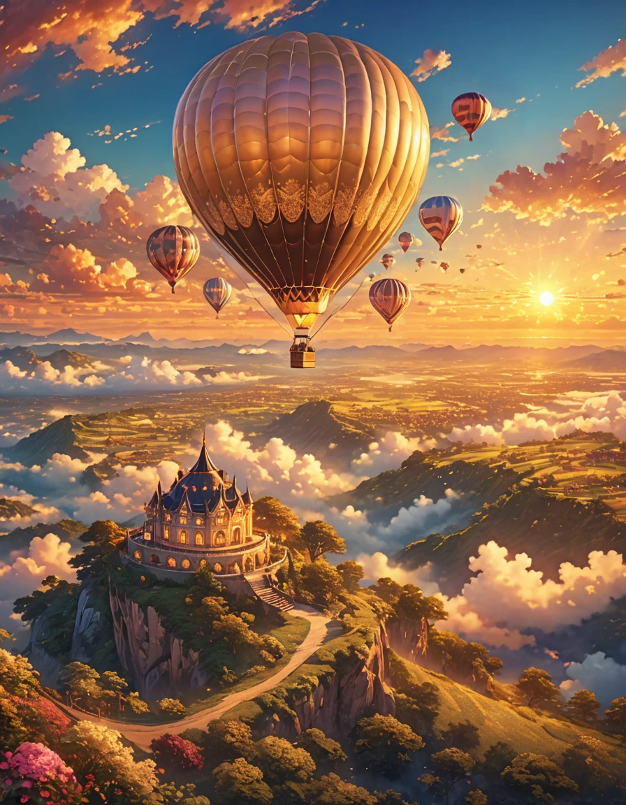 very large hot air balloon floating in the sky, golden glitter, fascinating landscape, breathtaking view, shiny fabric, intricate details, lovely sunset, capricious clouds, Panoramic landscape, dream atmosphere, elegant movement, majestic presence, ethereal adventure, magical journey, glamorous experience, gentle breeze, picturesque backdrop, opulent design, exquisite craftsmanship, radiant glow, opalescent hues, golden hour, Serene horizon, floating above the clouds, tranquil escape, luxury escape, quiet atmosphere