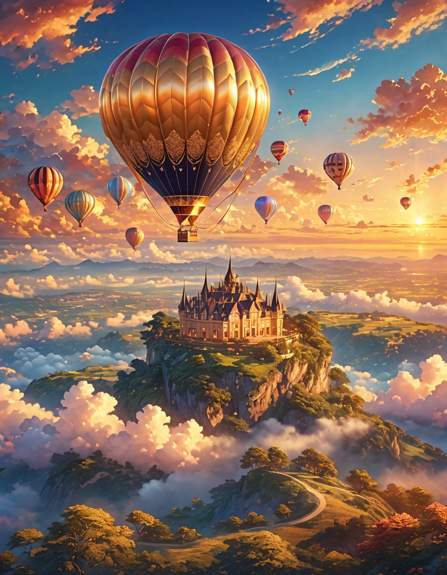 very large hot air balloon floating in the sky, golden glitter, fascinating landscape, breathtaking view, shiny fabric, intricate details, lovely sunset, capricious clouds, Panoramic landscape, dream atmosphere, elegant movement, majestic presence, ethereal adventure, magical journey, glamorous experience, gentle breeze, picturesque backdrop, opulent design, exquisite craftsmanship, radiant glow, opalescent hues, golden hour, Serene horizon, floating above the clouds, tranquil escape, luxury escape, quiet atmosphere