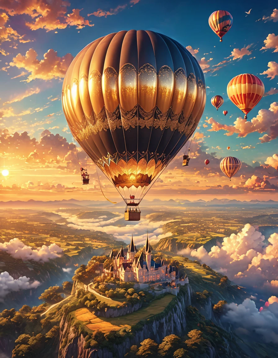 very large hot air balloon floating in the sky, golden glitter, fascinating landscape, breathtaking view, shiny fabric, intricate details, lovely sunset, capricious clouds, Panoramic landscape, dream atmosphere, elegant movement, majestic presence, ethereal adventure, magical journey, glamorous experience, gentle breeze, picturesque backdrop, opulent design, exquisite craftsmanship, radiant glow, opalescent hues, golden hour, Serene horizon, floating above the clouds, tranquil escape, luxury escape, quiet atmosphere