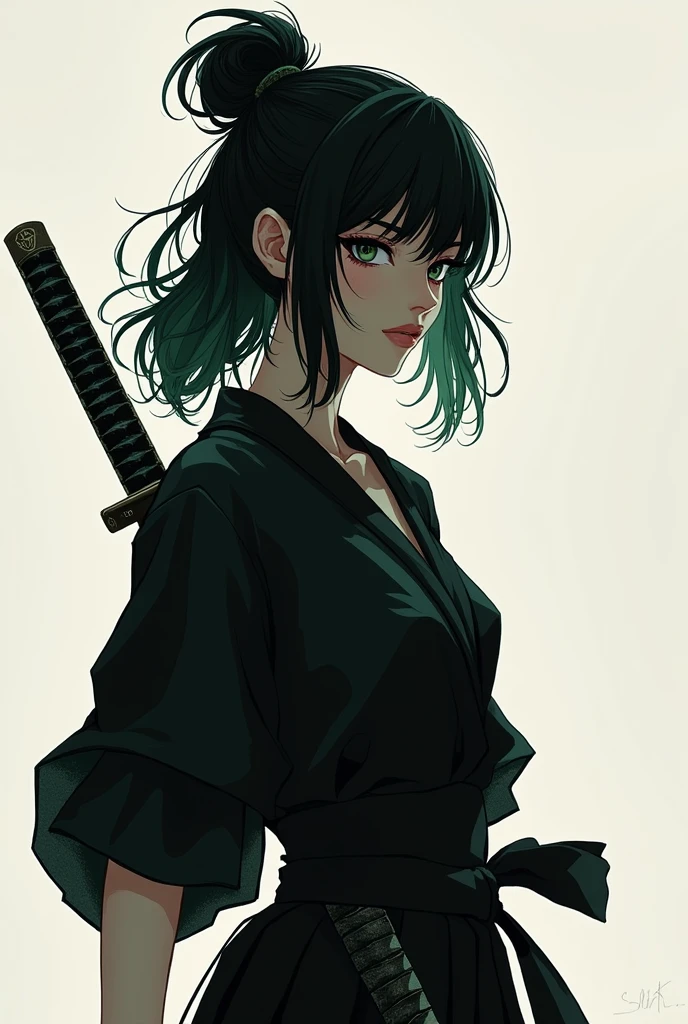 Fille avec une chemise noire, cheveux mi-long noir avec des pointes vertes, avec un katana à la main