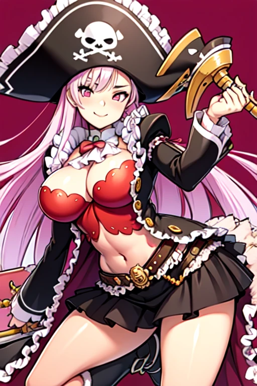 masterpiece, high res, detailed face, detailed eyes, 1 girl, solo,  pink hair, pink eyes, long hair, big breasts, pirate hat, red bowtie, pirate costume, long sleeves, belt, black skirt, smile, closed mouth, simple background