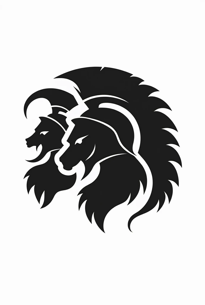 Create a icon, white background, black subject, a goat head wearing spartan helmet, a serpent head wearing spartan helmet and lion head wearing spartan helmet