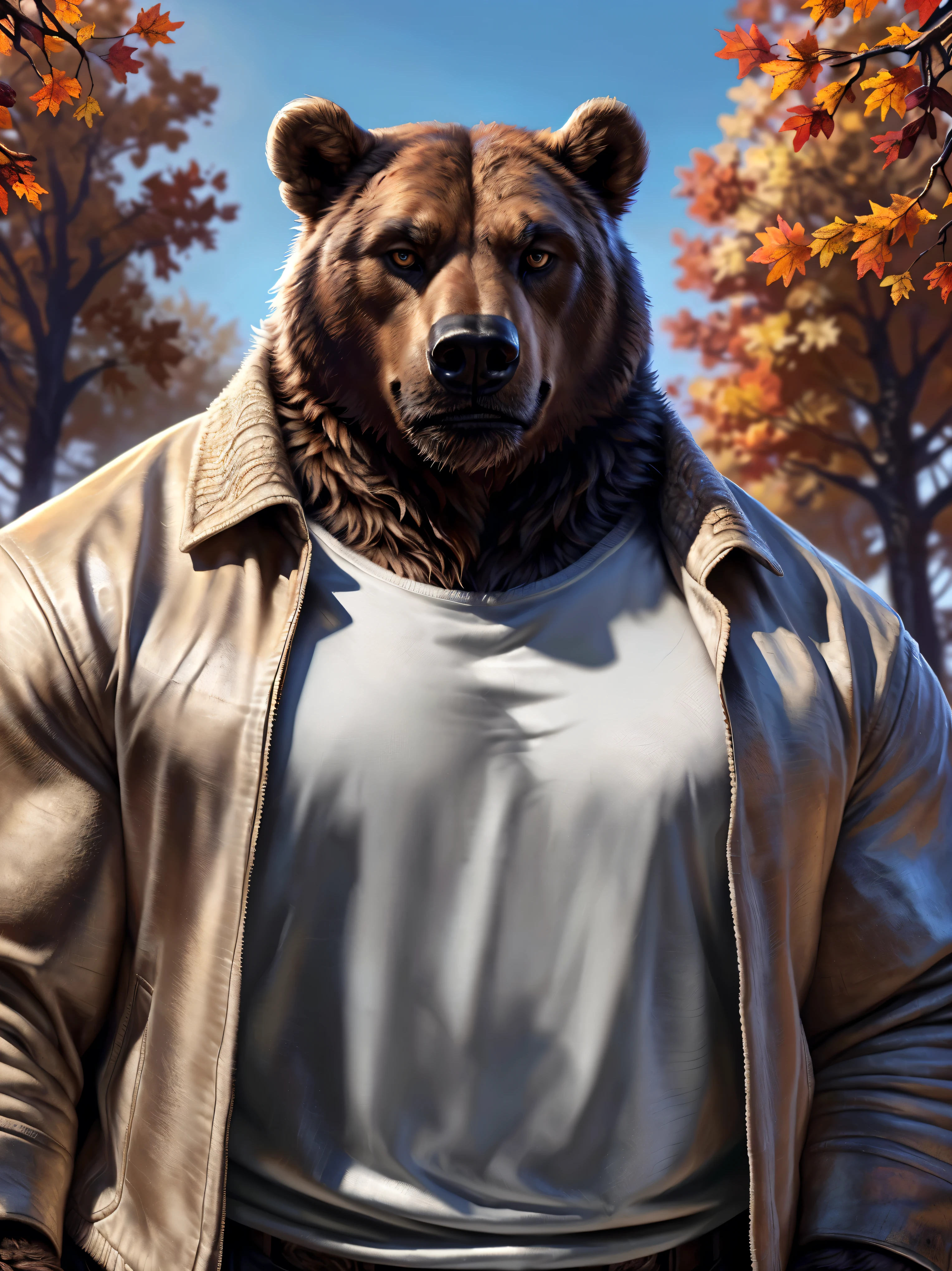 Sharp focus, masterpiece, 8k, intricate artwork, hyper detailed, high detail, best quality, perfect colors, perfect shadows, perfect lighting, posted on e621, furry body, close-up, portrait shot, front view, looking at the camera, anthro brown bear, (veiny, massive strongman, burly, manly, brutal face features, masculine:1.3), (monotone brown fur, arms crossed), male, correct anatomy, (photorealistic fur, detailed hairs, epic, masterpiece:1.2), by Taran Fiddler, by Rukis, Bonifasko lighting, (by Blotch), detailed bear eyes, (white jacket and t-shirt, detailed clothes textures:1.3), (blue sky backtrop, autumn trees), hands in pockets