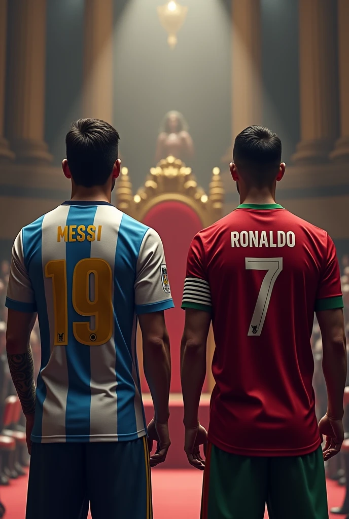 Lionel Messi with argentina jersey number 19 and Cristiano ronaldo with Portugal jersey number 7 turned backside and looking to a throne