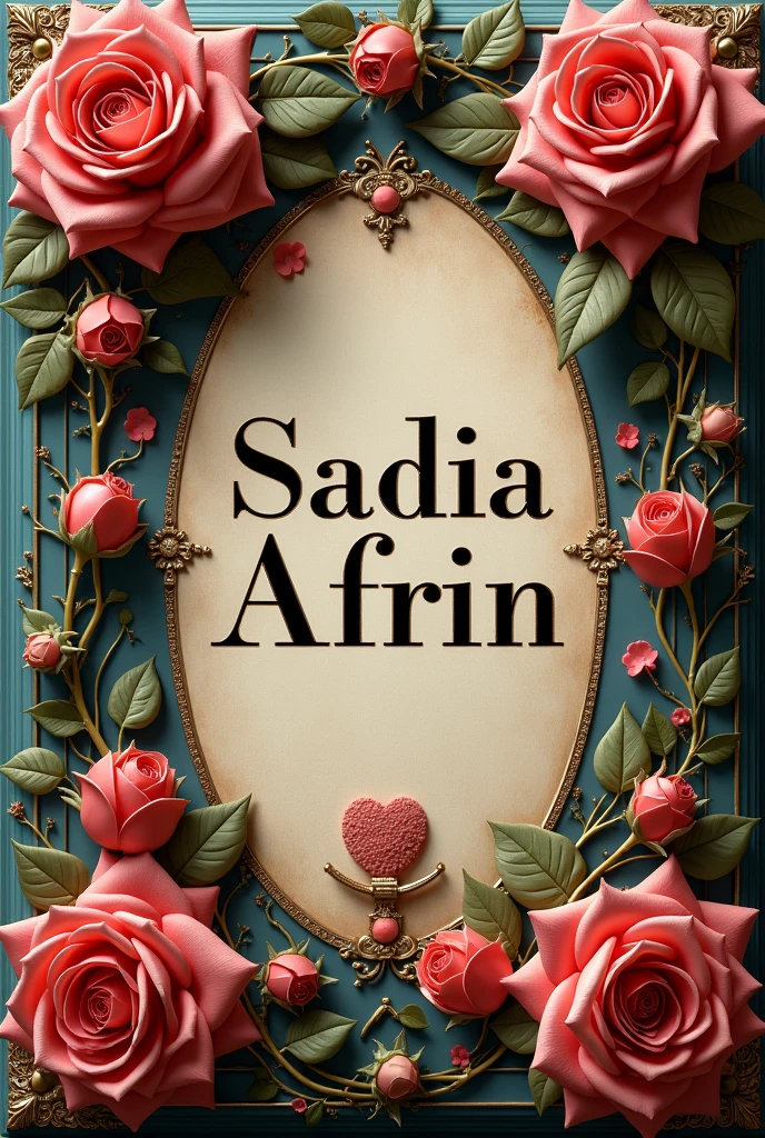 Please make a name plate of Sadia Afrin with rose seems like book cover . Font bold. Change font style and background design . Remove extra word without name