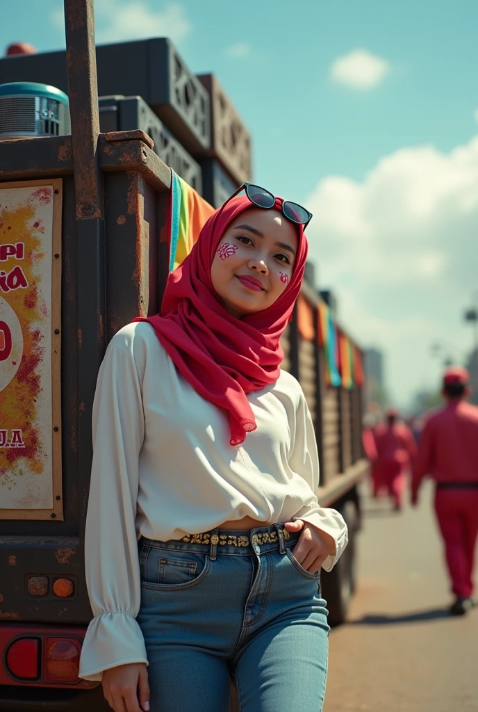 (photorealism), (masterpiece) (Indonesian selebration independens day)
a beautiful Indonesian woman, wearing a long sleeves white t-shirt that reaches below her buttocks and long sleeves, tight jeans, a red hijab, black suglasses on her head, pink lipstick and Indonesian flag on chick, leaning casually against a truck carrying a stack of audio systems about 3 meters high. The truck has been decorated with colorful cloth and beautifully shaped  with the backdrop of the August parade, on the side of the truck there is an art poster that says "BREWOG AUDIO" large and can be read very clearly, the sky is blue, sunlight, outdor, relaxed pose, realistic, intricate details, warm colors, clowdy sky, Focus, Focus, realistic, 5D 8K 