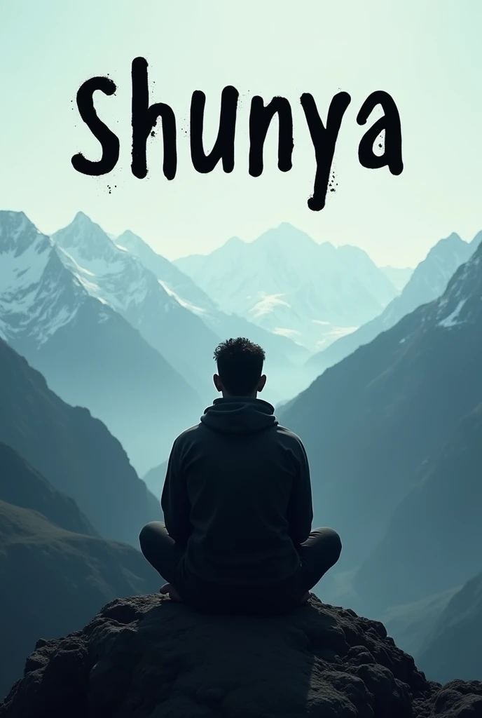 I want to create a youtube thumbnail for  a rap song whose name is shunya means zero . In tue image a man is sitting on the top of mountains with a dark shade and a dark text on the image of shunya and very beautiful view  and image ratio is 16:9