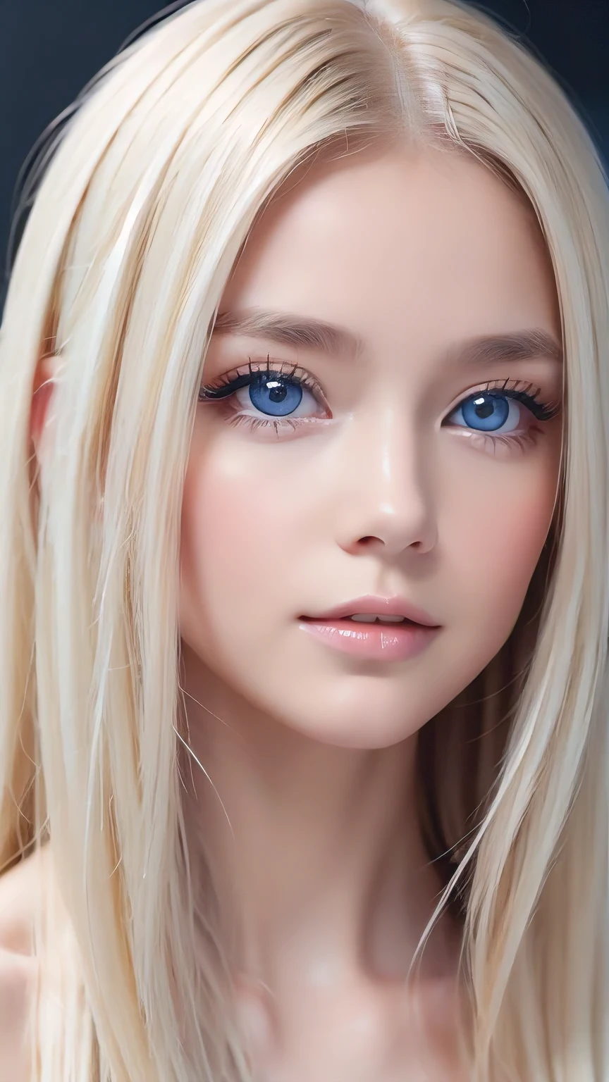 A perfectly beautiful face、Messy silky beautiful blonde hair、A beautiful 1 Scandinavian beauty、Very beautiful beautiful bright pale sky blue big eyes、Very long beautiful natural platinum blonde silky shiny hair、Long beautiful bangs、Very big eyes、Small Face Beauty、eyeliner、very white shiny skin、Gloss Face、Cheek gloss、Hair above the eyes、片Hair above the eyes、Hair between the eyes、