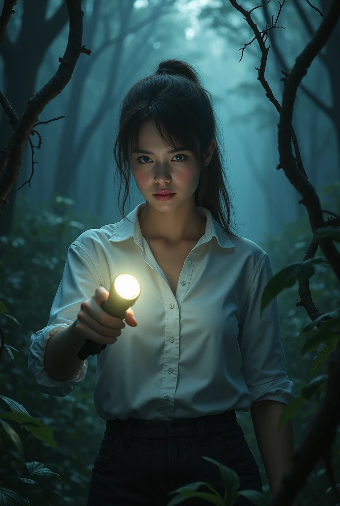 An adult white woman with brown hair tied in a bun and blue eyes wearing a white button-down shirt in the woods with a flashlight in her hand and a horror setting