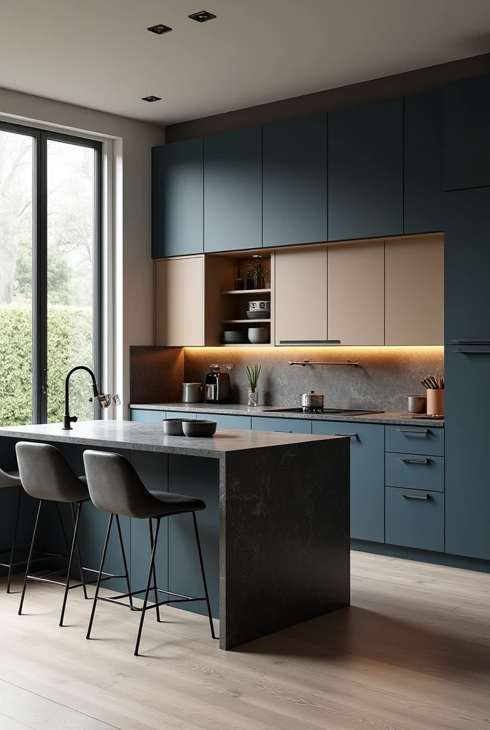 Professional 3d architecture rendering design of modern and minimal kitchen with so dark vintage blue and dark beige cabinets and modern windows and so dark gray marble slab stone island and black modern dark silver chairs
