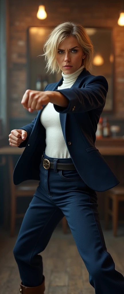 Side view, (( Karate pose, straight punch:1.3)), Full body, solon, woman of 007 , in Pub , (1 Scottish woman , 30 age old ,(gold hair, short cut, serious, glare at man), ((wearing Navy Blue blazer jacket, white turtleneck sweater, Navy Blue pants, leather black belt, brown shoes :1.5)) , ((super detail, high details, high quality, accurate, anatomically correct, textured skin, beautiful fingers super detail, high details, high quality, best quality))