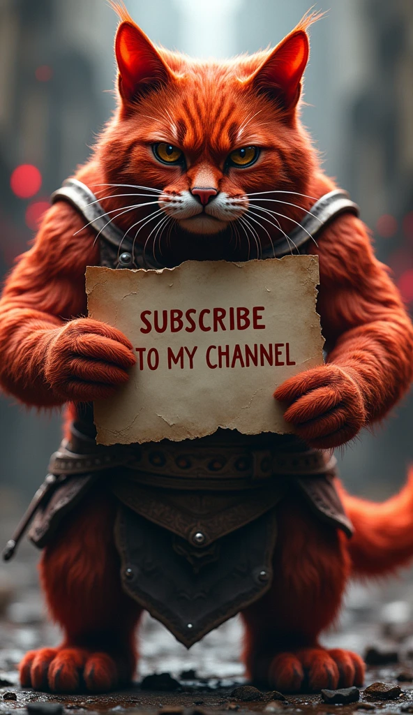 A burly red cat in the shape of Kratos, brought a piece of paper that said subscribe to my channel, add a red light effect on each side of his body