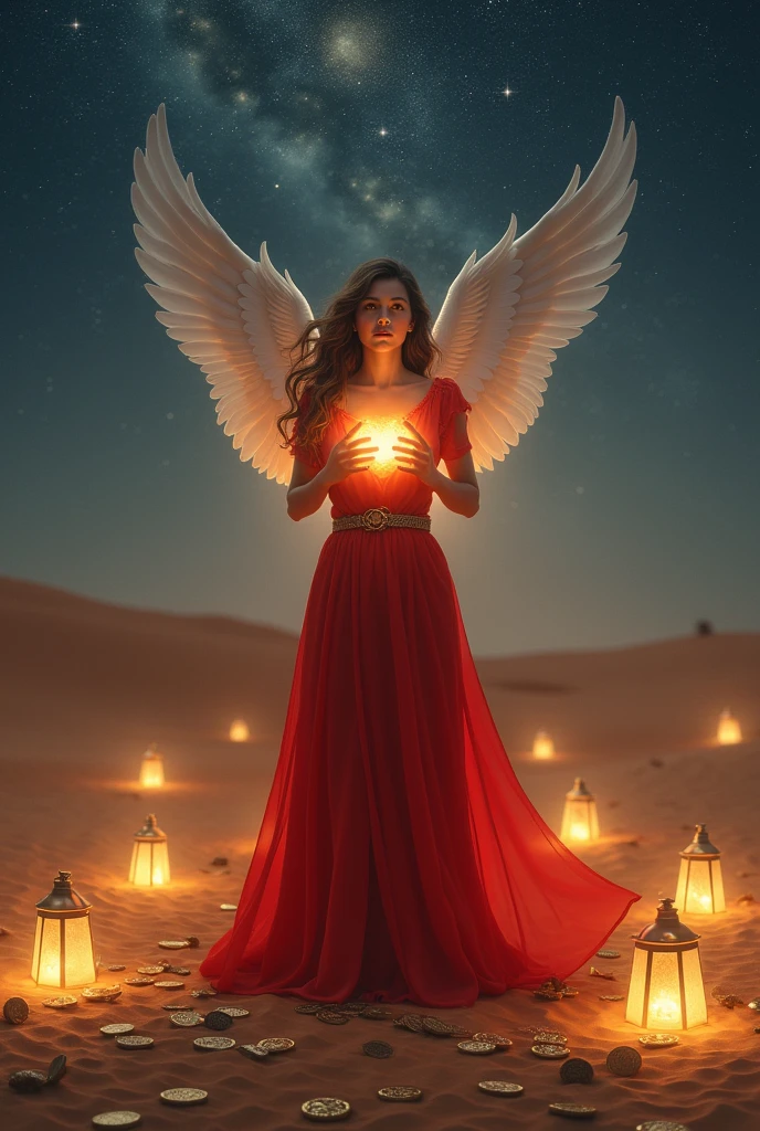 Woman in a red dress and a thick belt around her waist with both hands on her heart that radiates light in the desert full of coins on the ground and lanterns of light looking at the starry sky and an angel watching her 