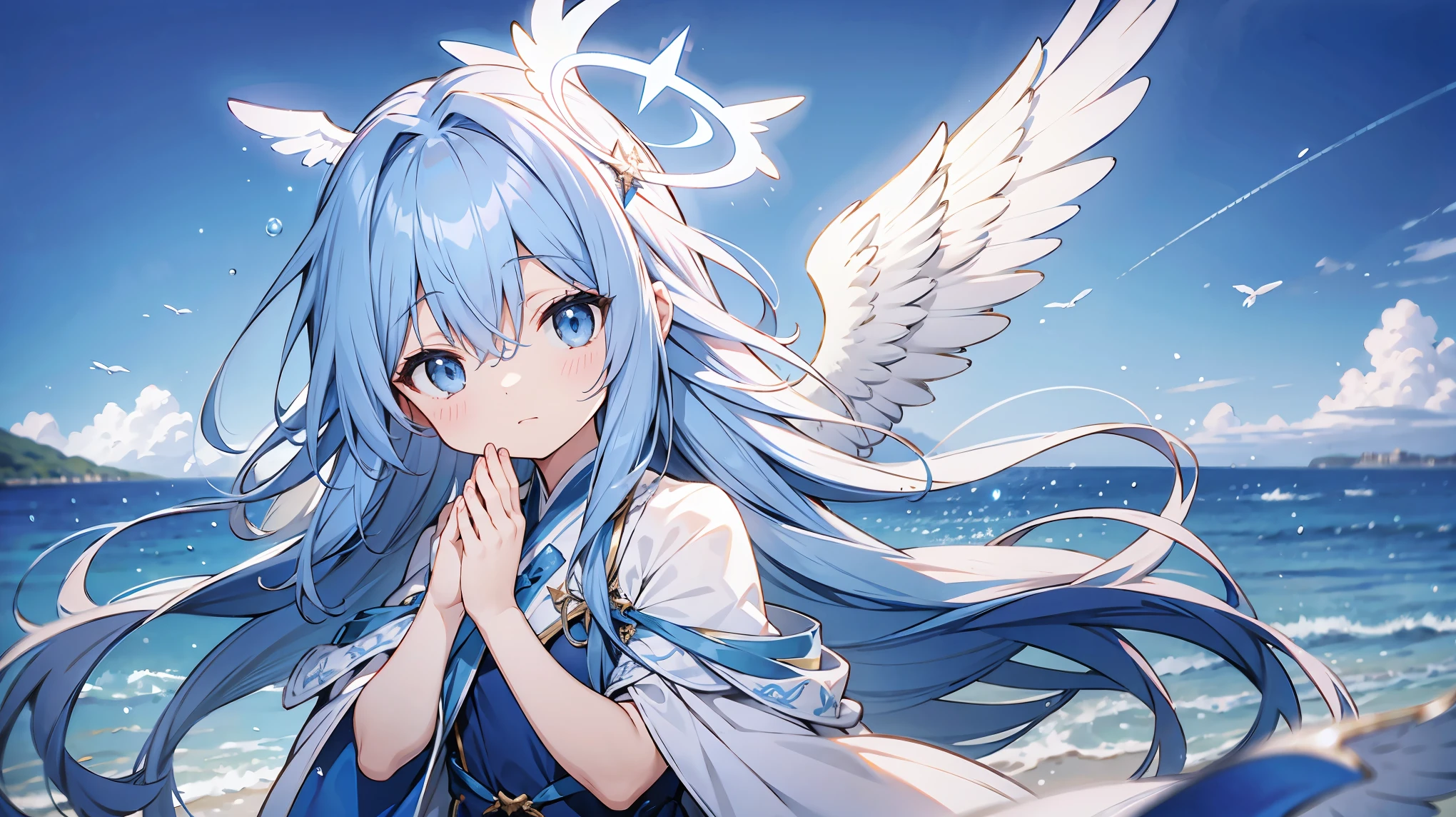 Long blue hair、Light wings on one side、Angel Halo、child、Light wings on one side、On the Sea