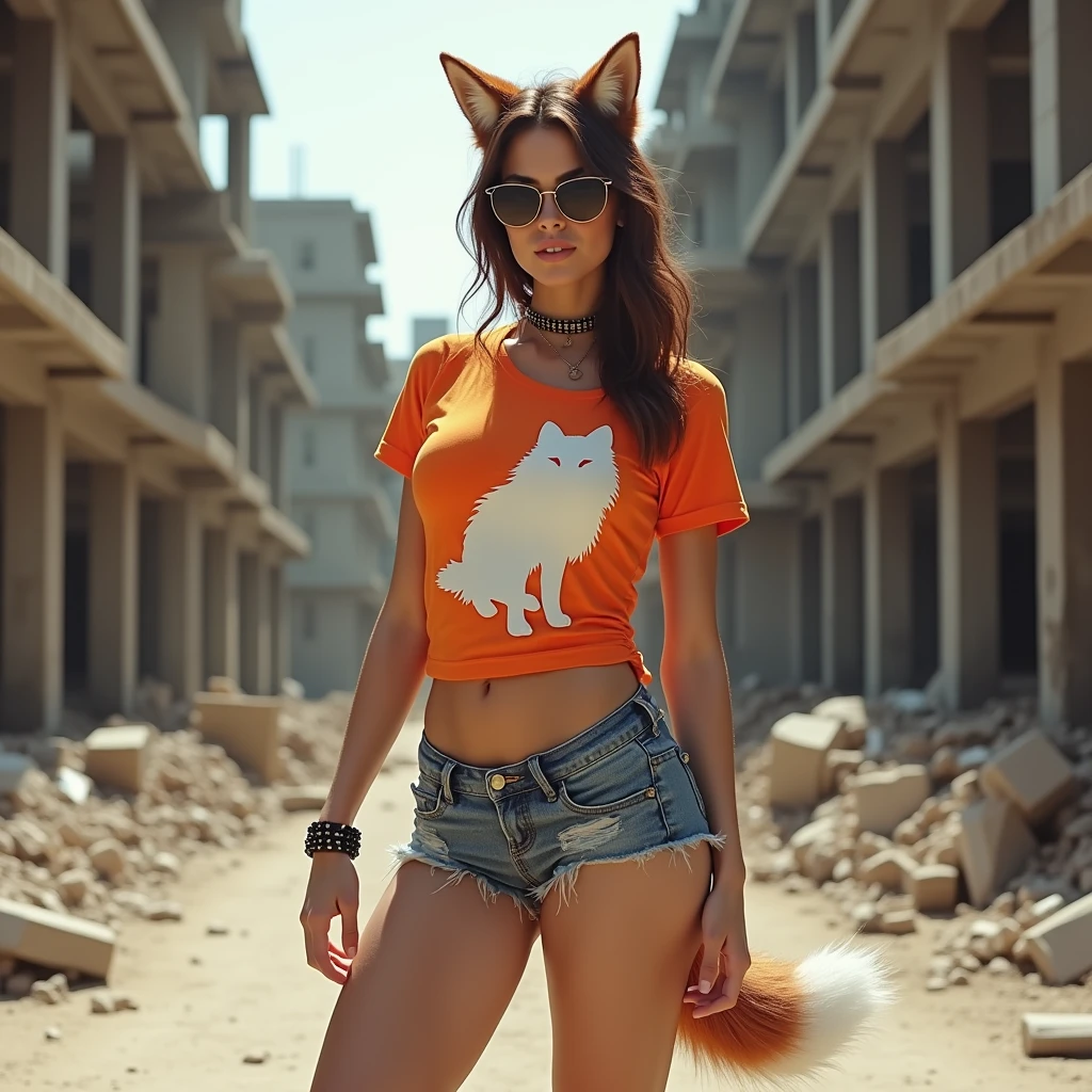 1 woman, White skin, Brown hair, athletic, big and toned legs, huge breasts, Orange t-shirt above the navel with a white wolf print, sunglasses, fox ears, Fox tail, skinny denim shorts, black puma tennis shoes, spiked bracelet, dog collar on the neck, in the background abandoned construction 