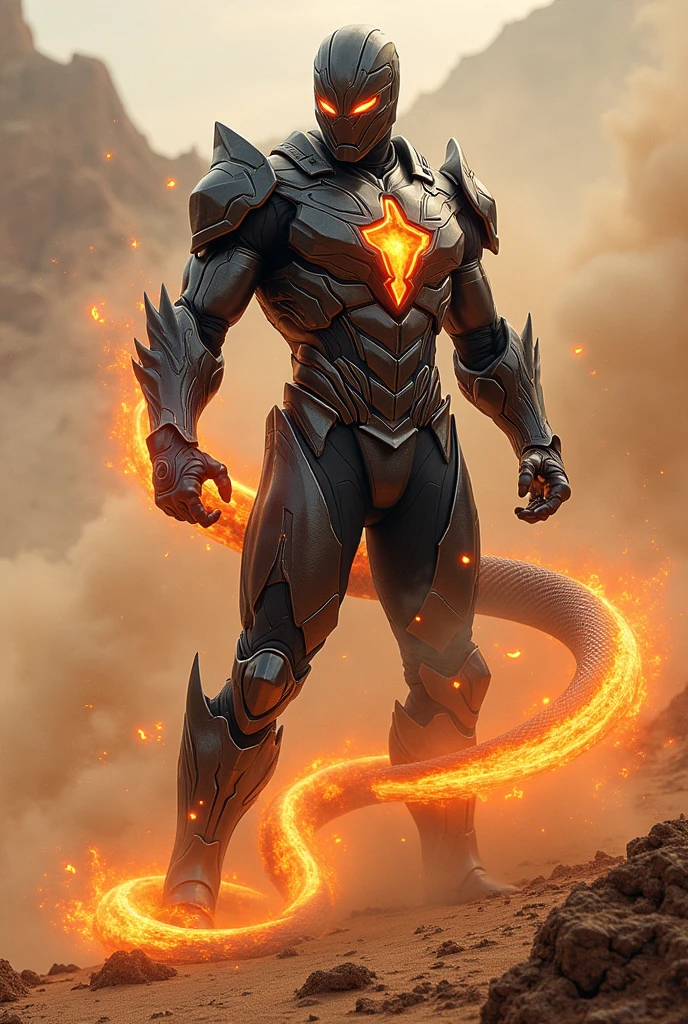 Create superhero with suit full body armour look alike kamen rider with snake element smoke effect background at desert snake skin lava effect on suit fighting action