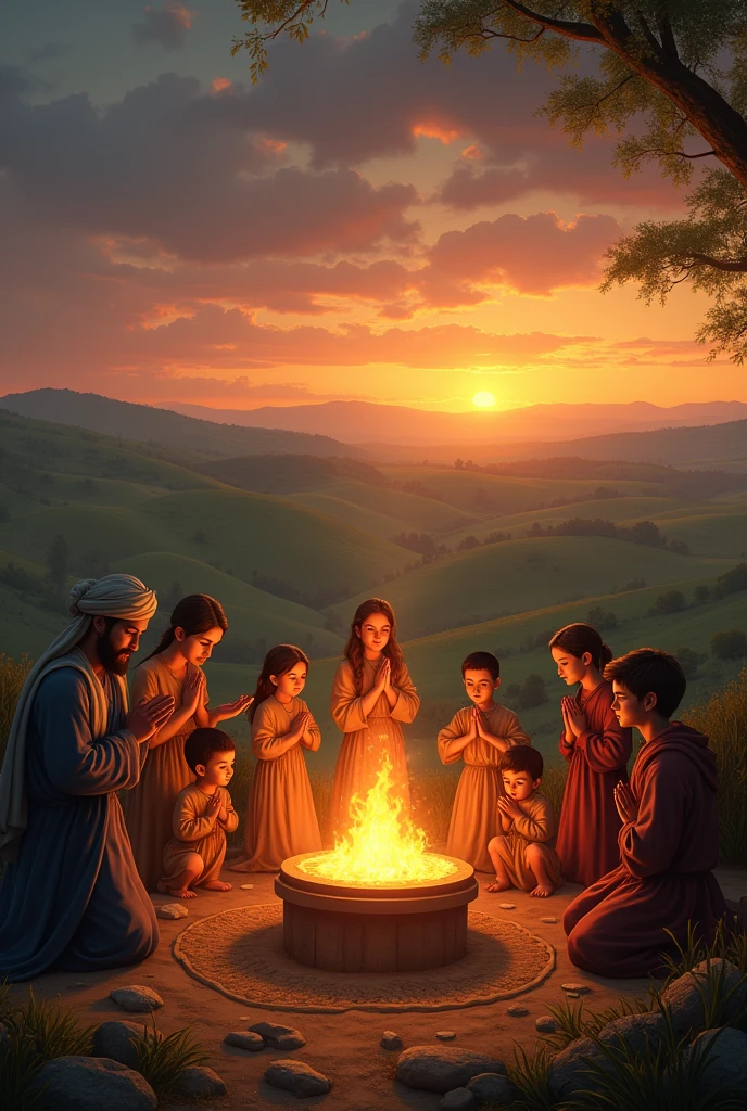 Good, his wife and 10 children worshiping God before a burning altar, in the background a green plain at sunset