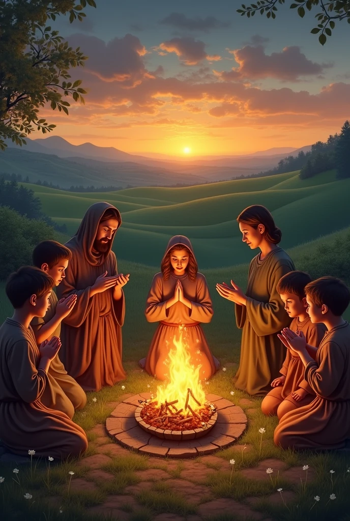Good, his wife and 10 children worshiping God before a burning altar, in the background a green plain at sunset