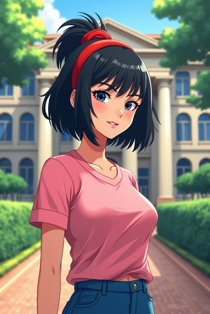Girl with black head and it has a red color band in her head.she is in a university of uva wellassa her wear a pink color t shirt and blue color bottom