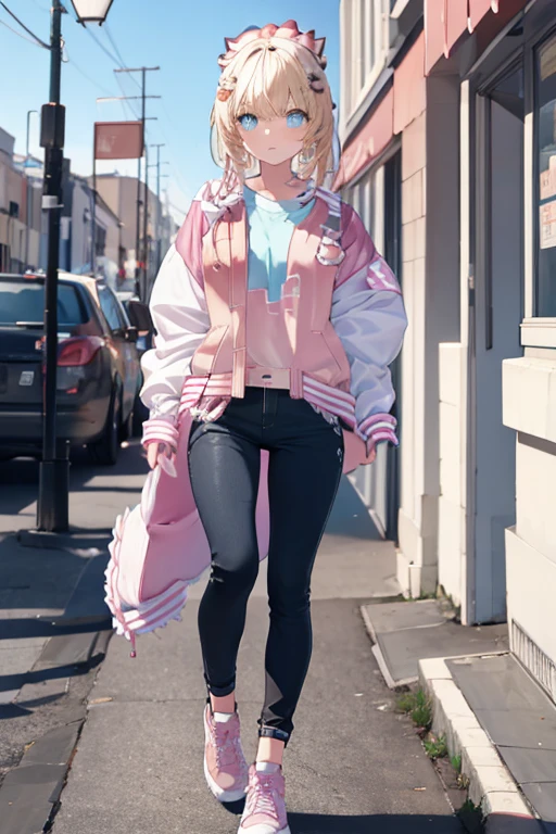 pink letterman jacket, black long pants, full body, high quality, run way,