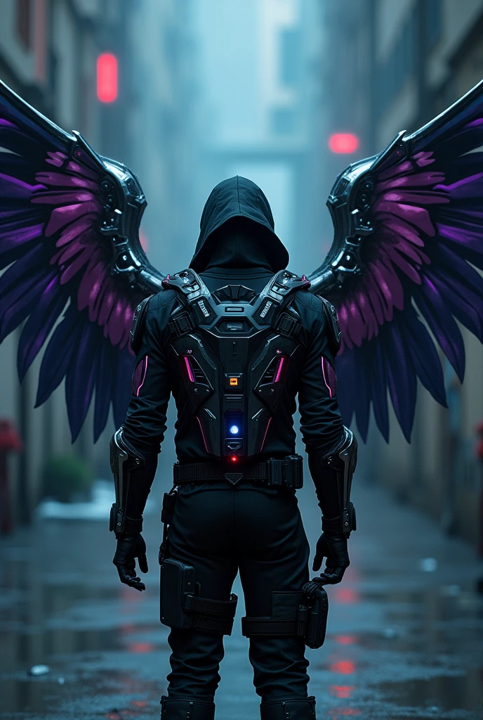 A man stands with his back to the viewer, dressed in futuristic tactical gear. His outfit is a mix of modern tank designs and high-tech elements, mainly in black, with purple accents, silver, neon blau, and red. On his back, he has mechanical wings made of shiny metal, adorned with neon lights that glow in blue and red. The wings are elaborately designed, with a touch of futuristic technology. The man is wearing a hood, which is pulled low over his head, his face hidden in the shadow. The scene is dark and mysterious, with a slightly futuristic shimmer from the neon lights. The wings are reminiscent of angel wings and are retracted. The wings are bigger than the man. The wings are attached to his back