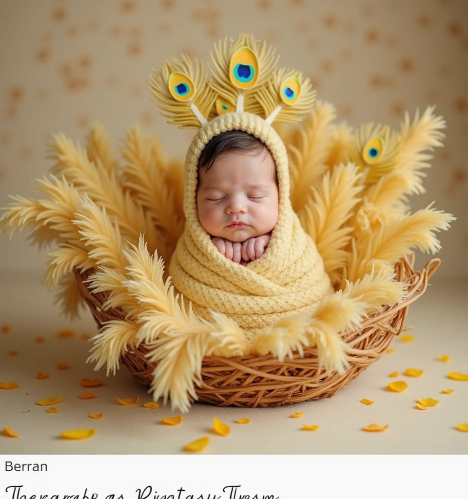 araffe  in a nest with a peacock tail, a picture inspired by Anne Geddes, shutterstock contest winner, dada, full costume, peacock feather wrap the head, costume, whole body photography, peacock, 9 brilliant peacock tails, 9 peacock tails, dream creature costumes, national geographic photoshoot, top shot 