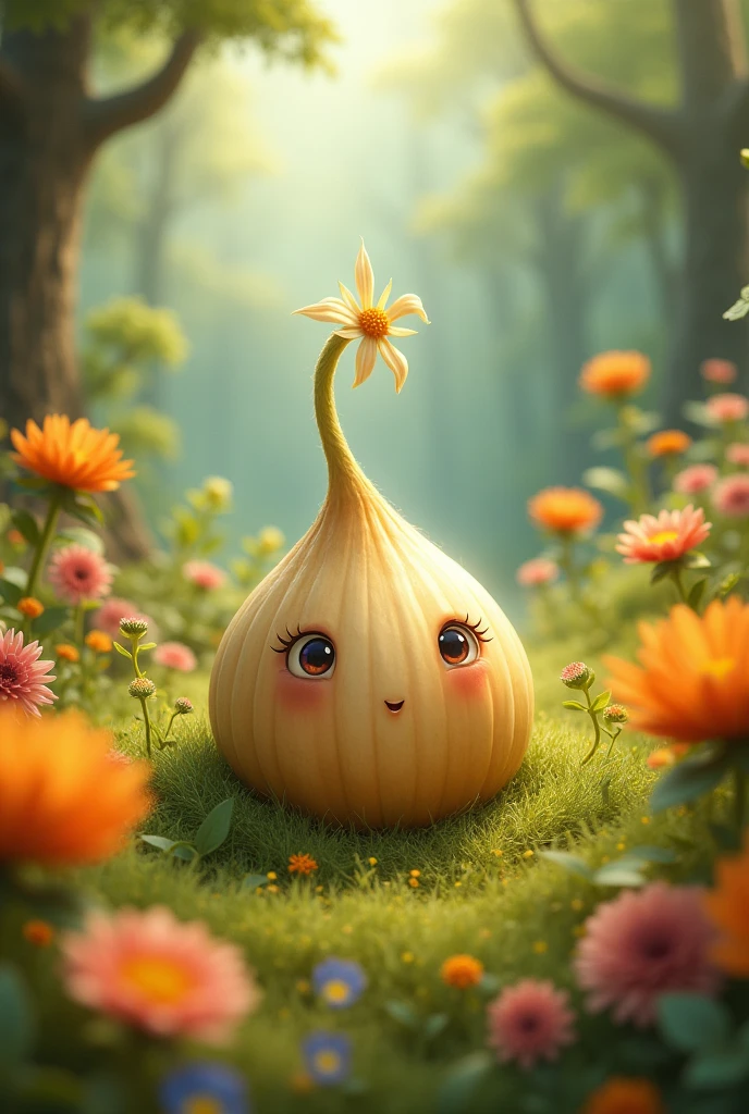 a little seed with face surrounded with flowers and plants and trees in a meadow.

LITTLER SEED