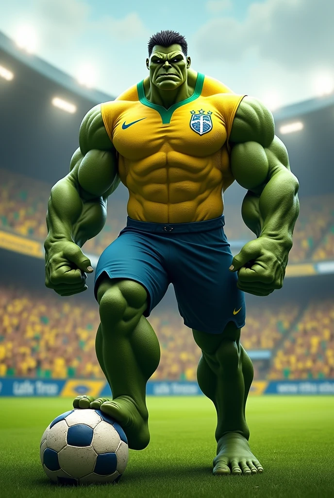 Hulk in a football stadium with the Brazilian team shirt written BRASIL DE LIMEIRA holding a sign in his hand written HOJE TEM BRASIL DE LIMEIRA and stepping on a ball