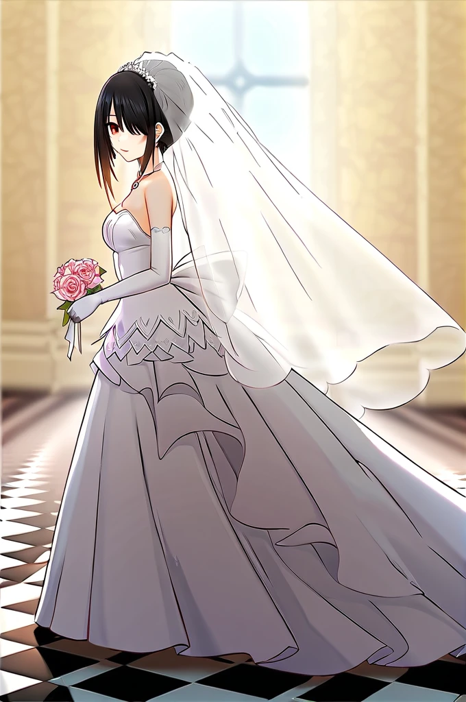 tokisaki kurumi,((masterpiece)),(((best quality))),((ultra-detailed)),((illustration)),((disheveled hair)),((frills)),(1 girl),(solo),1girl, bare shoulders, black hair, bow, bridal veil, bride, checkered, checkered floor, clothes pull, clothing, cross, dress, dress lift, dress pull, earrings, elbow gloves, female, female only, full body, garter straps, glass slipper, gloves, hair bun, hair over one eye, hand on window, headdress, head turned, high heels, jewelry, lace, lace trim, lace-trimmed legwear, lace-trimmed thighhighs, legs, lingerie, long legs, looking at viewer, necklace, open dress, open wedding dress, parted lips, red eyes, shoes, short hair, short hair with long locks, side view, smile, strapless dress, sunbeam, sunburst, sunlight, thighhighs, tied hair, veil, wedding dress, white bow, white legwear, white thighhighs, window, full body, Rating:safe, profile, from side, Show your thighs,