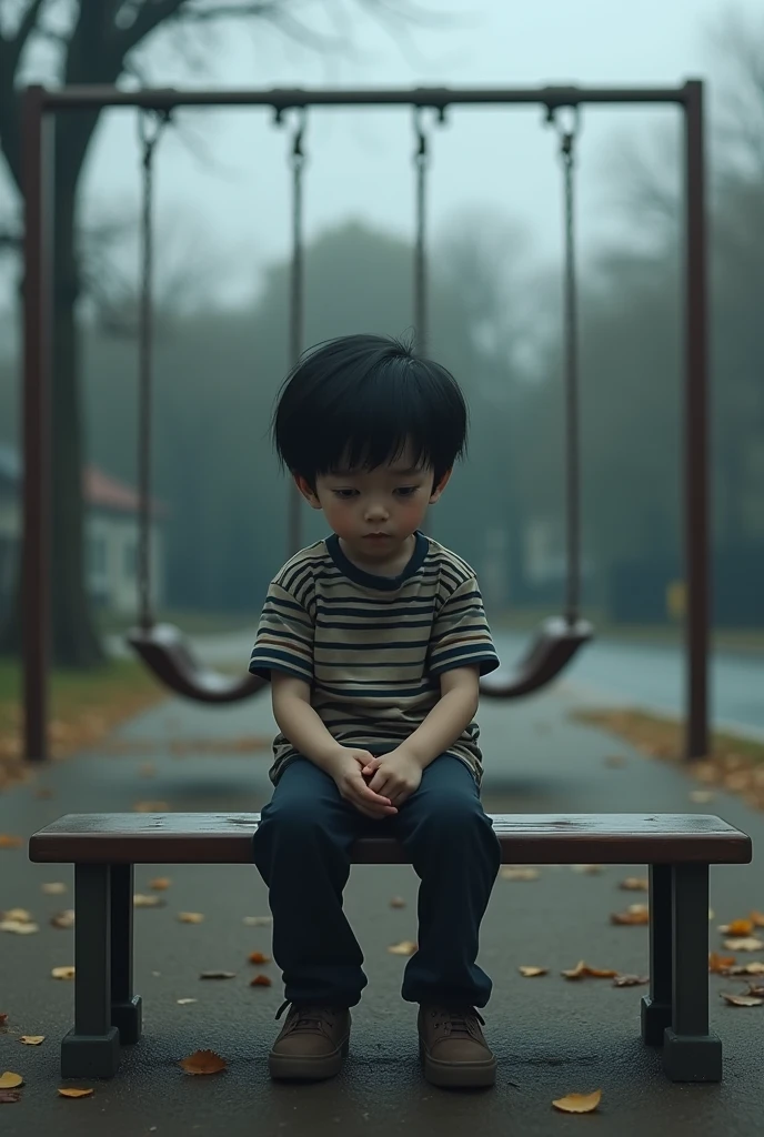 A highly realistic image of a young boy, around , sitting alone on a bench in an empty school playground. The boy has short black hair and wears a simple striped shirt and dark pants. His small hands are clasped tightly in his lap, and he is looking down at his feet, his face showing a deep sense of sadness and loneliness. The playground around him is deserted, with empty swings gently swaying in the wind and a few scattered leaves on the ground. The sky is overcast, casting a grey tone over the scene, adding to the feeling of isolation. The boy's eyes are slightly teary, and his posture is slouched, as if carrying the weight of his solitude. The overall atmosphere is quiet and somber, capturing a moment of pure loneliness and the emotional weight it carries for a child at school.
