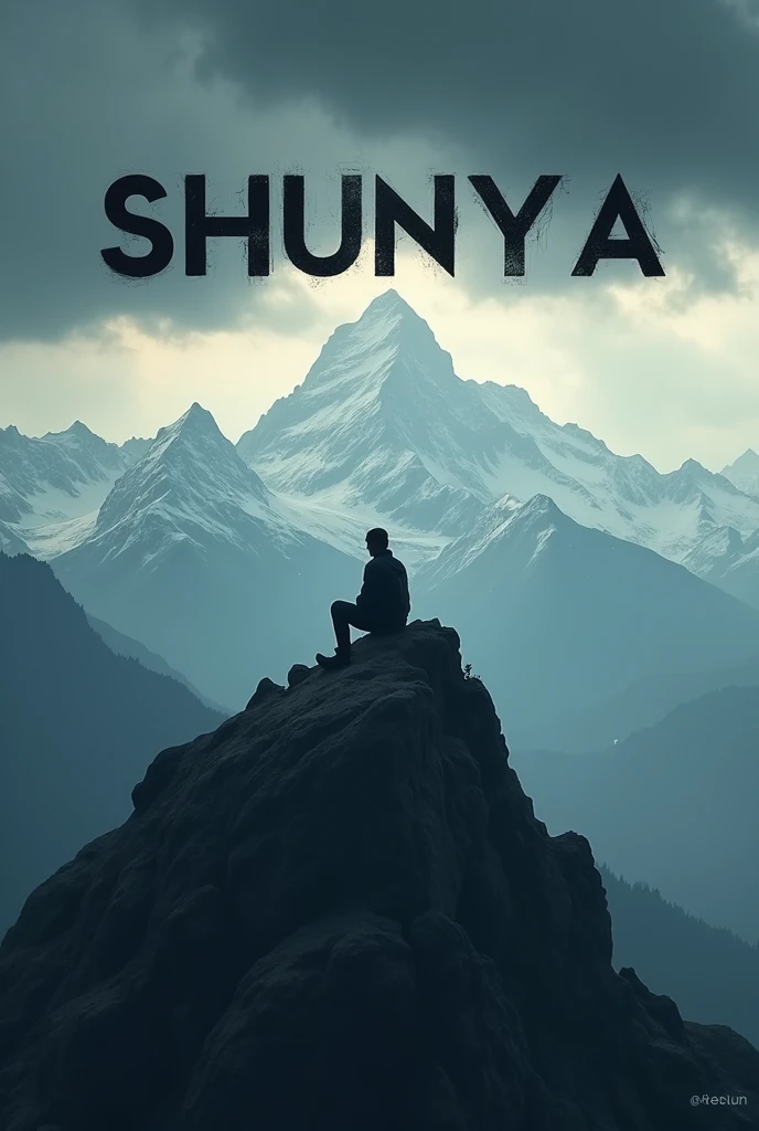I want to create a youtube thumbnail for a rap song whose name is shunya means zero . In tue image a man is sitting on the top of mountains with a dark shade and a dark text on the image of shunya and very beautiful view and image ratio is 16:9 landscape