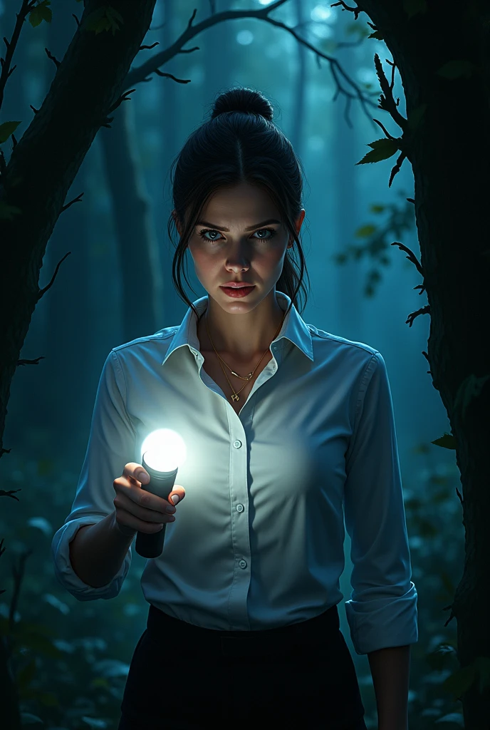 An adult white American woman with brown hair tied in a bun and blue eyes wearing a white button-down shirt in the woods with a flashlight in her hand and a horror setting