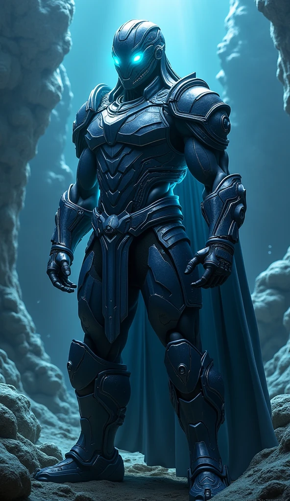 Create a full-bodied, powerful, futuristic deep-sea warrior avatar with advanced technology integrated into the armor. The character should have a strong, heroic physique and confident facial features, with some parts of the face visible. The armor should be a blend of ancient Greek or Atlantean warrior styles, covering essential body parts while leaving certain muscular areas exposed. Subtle themes of the deep sea, such as bioluminescent creatures and abyssal patterns, should be incorporated into the design, using a color palette of dark blue, black, and silver. The character should exude a sense of strength and dominance, with brilliant blue eyes and a mystical, bioluminescent aura. Make sure the figure is visible from head to toe, standing against a deep ocean backdrop, with shimmering sea creatures and underwater chasms visible, to enhance the Powerful and Dynamic frame.