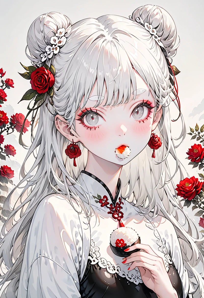 (Highest quality,Very detailed,High resolution:1.2),Thin and albino,Very white hair,Gray bangs,Twin bun hairstyle, She is wearing a large rose hair accessory., very_long white eyelashes, White eyebrows, White skin,Detailed lips, Cool look, Soft Skin, Shiny Hair,Exquisite makeup, Black swimsuit, Eating rice balls, Portraiture