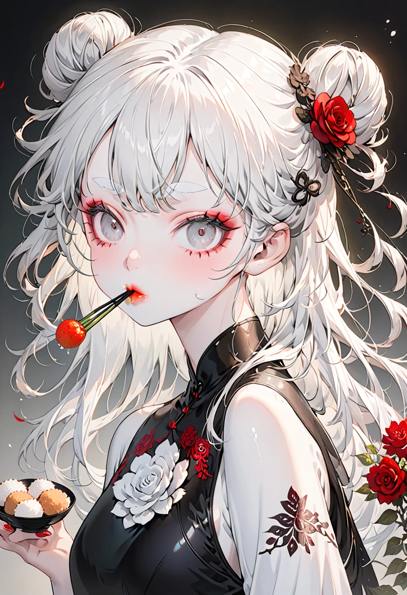 (Highest quality,Very detailed,High resolution:1.2),Thin and albino，Very white hair,Gray bangs，Twin bun hairstyle, She is wearing a large rose hair accessory., very_long white eyelashes, White eyebrows, White skin，Detailed lips, Cool look, Soft Skin, Shiny Hair,Exquisite makeup, Black swimsuit, Eating rice balls, Portraiture