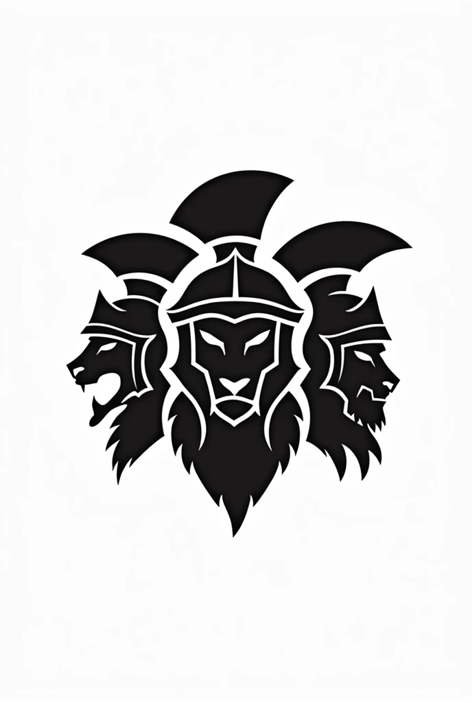 Create a icon, white background, black subject, a goat head wearing spartan helmet, a serpent head wearing spartan helmet and lion head wearing spartan helmet