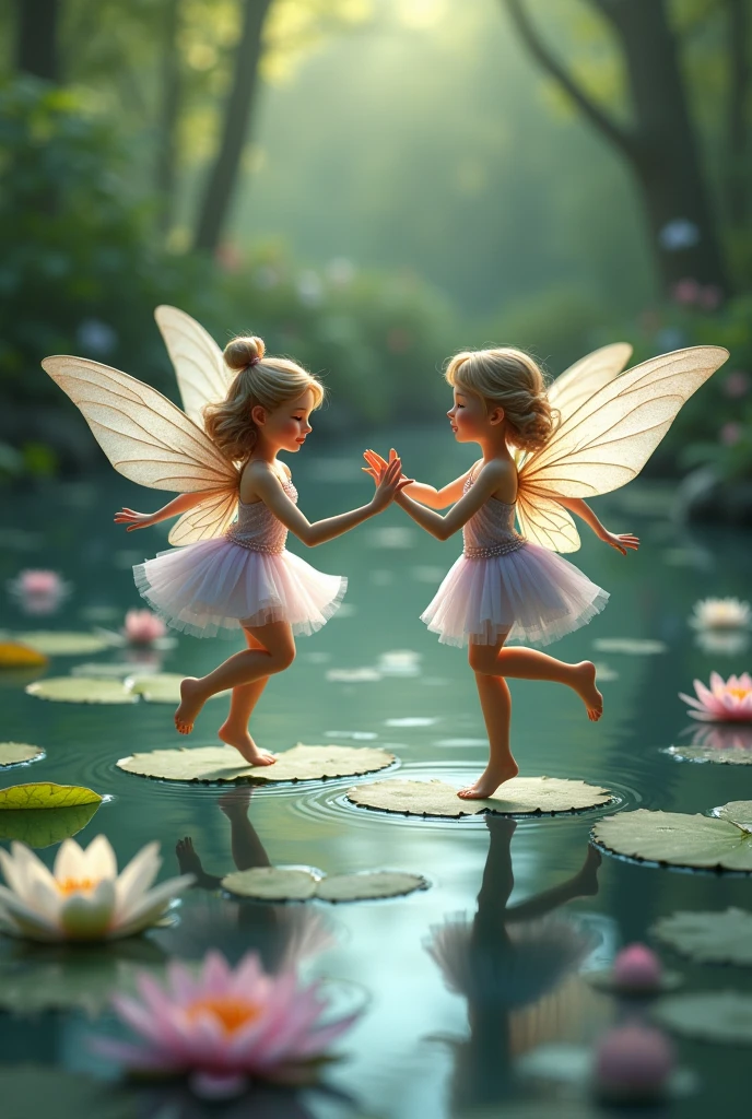 Two fairies playing water lily hopping