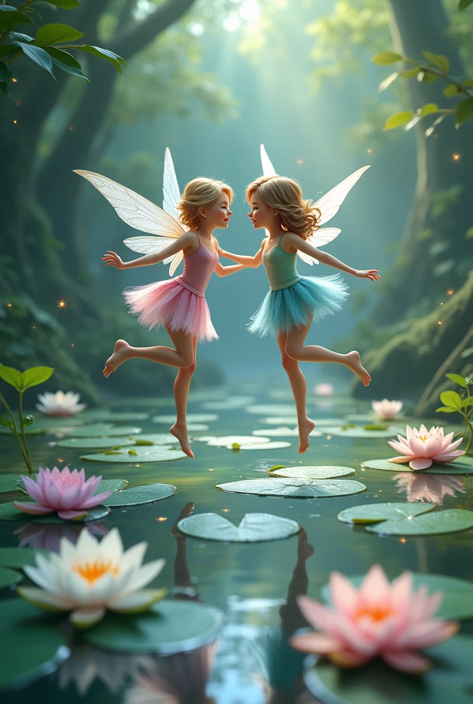 Two fairies playing water lily hopping