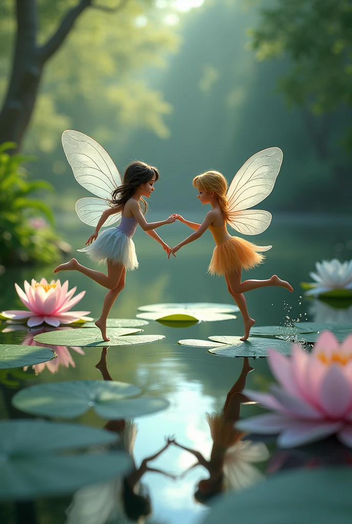 Two fairies playing water lily hopping