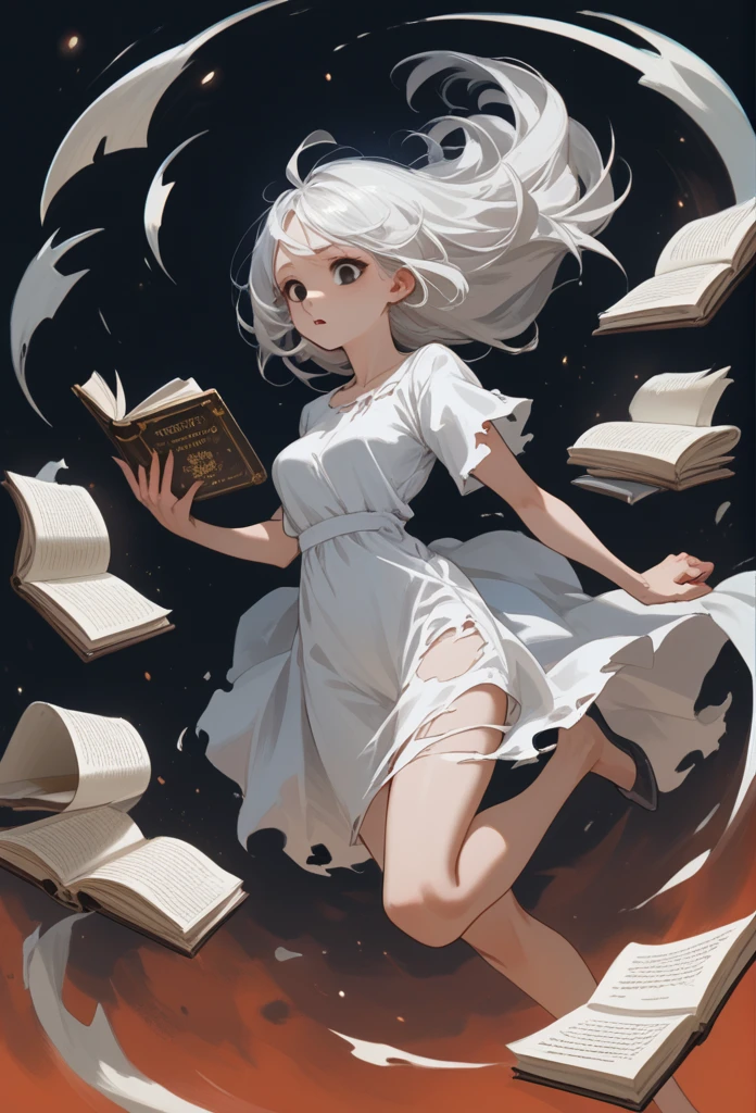 score_9, score_8_up, score_7_up, score_6_up, score_5_up, score_4_up, BREAK source_anthro, source_anime, rating_explicit, ((adult)), BREAK , ghost, book spirits, 1girl, white hair, hair with letters, hair with text on it, ripped paper pages hair, book pages paper dress, black eyes, floating, levitate, best quality, super detailed, high detail