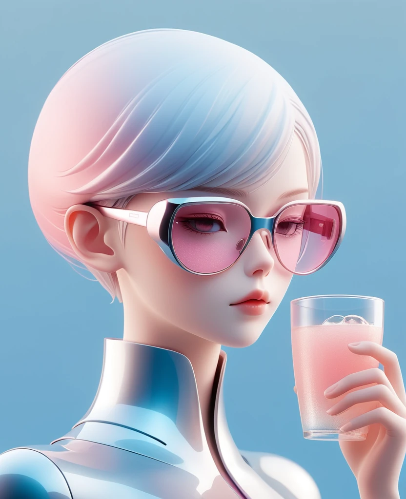 3D illustration of the upper body and face of an AI model wearing futuristic glasses, Stylish glasses with a drink attached，gradient background, pastel color palette, Pink blue, Simple, Cold metallic texture, surrealism,