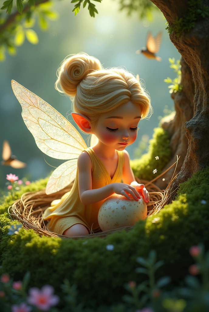 A delicate, ethereal fairy with translucent wings and a soft glow, hovering over a cozy, moss-covered nest nestled in the crook of a mighty oak tree. The fairy's features are intricately detailed, with a pointed nose and sparkling eyes filled with warmth and kindness. She is tenderly cupping her hands around a small, speckled egg, which is cracking open to reveal a tiny, wet bird. The baby bird's beak is pecking at the eggshell, eager to break free, while the fairy's gentle touch assists it in the hatching process. Sunlight filters through the leaves above, casting dappled shadows and highlighting the fairy's iridescent hair and the emerging feathers of the newborn creature. The surrounding foliage is vibrant with life, as other birds sing in the background, celebrating the arrival of their newest member. The scene is imbued with a sense of wonder and new beginnings, encapsulating the tender moment of a little bird taking its first breath under the watchful and nurturing care of a magical guardian.