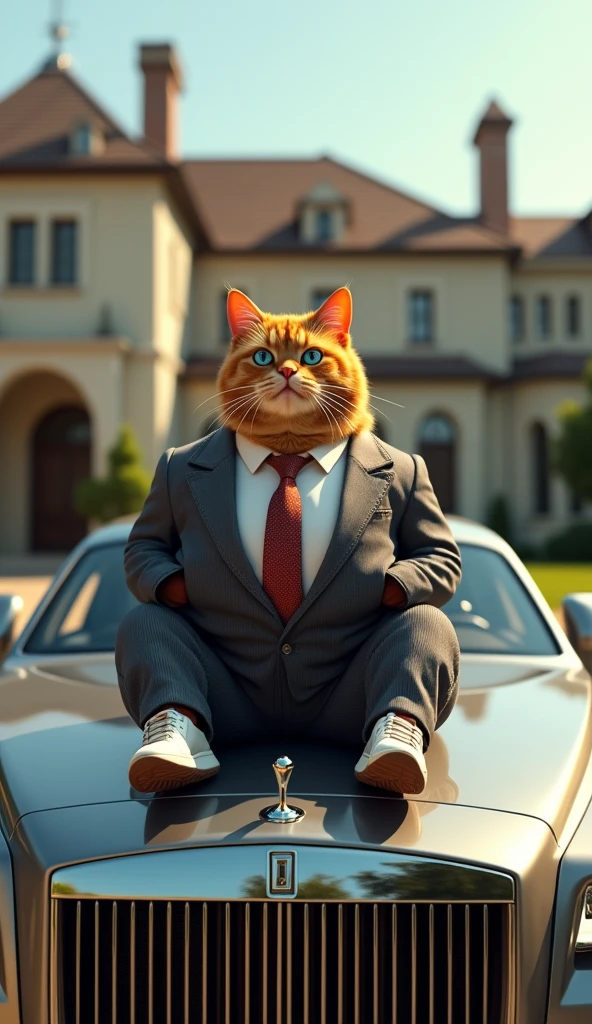 Make a picture of a fat orange cat with blue eyes, flat nose, facing the camera, pakai jas, sports shoes and tie, sitting on the hood of a luxury car with a luxury house in the background, Wide, full body, 8k super realistic