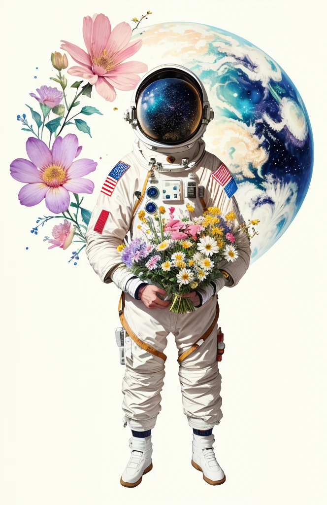 "Floral Astronaut" Hand painted watercolor, Calm Tones, Flowers are blooming everywhere、universe space、You can see the Earth