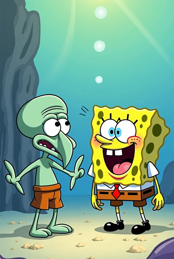 Squidward with a scared face Spongebob laughs out loud