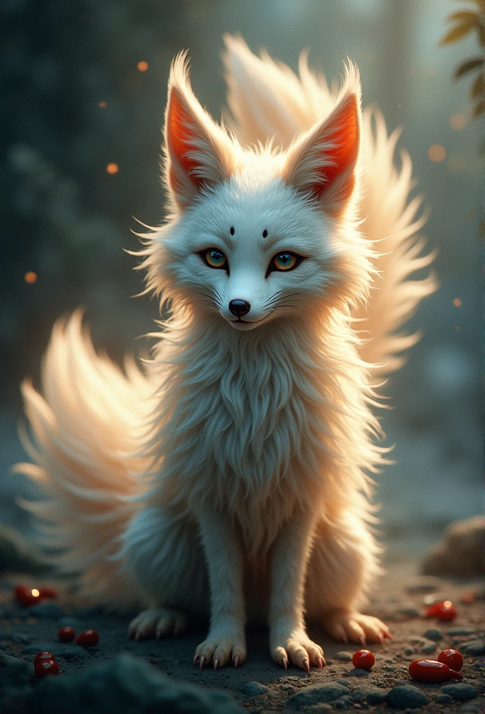 a nine-tailed fox, detailed portrait, detailed fur, detailed facial features, intricate details, fantasy creature, hyper realistic, 8k, detailed environment, cinematic lighting, dramatic shadows, vibrant colors, highly detailed, photorealistic, masterpiece