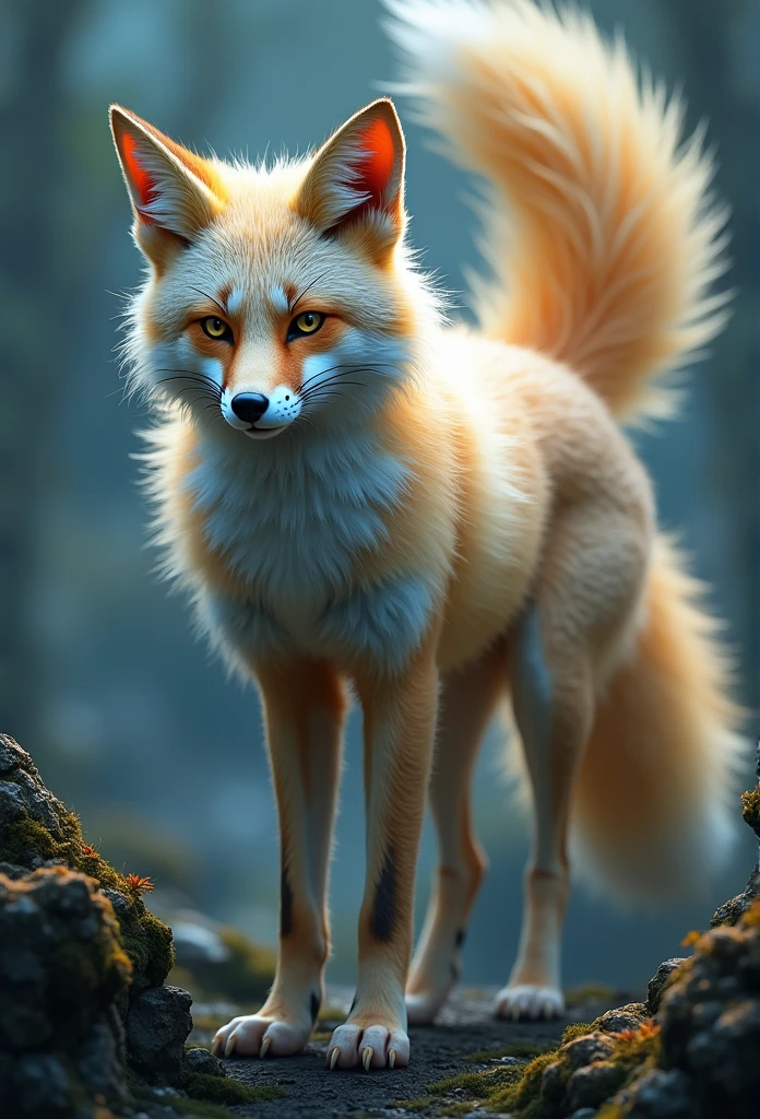 a nine-tailed fox, detailed portrait, detailed fur, detailed facial features, intricate details, fantasy creature, hyper realistic, 8k, detailed environment, cinematic lighting, dramatic shadows, vibrant colors, highly detailed, photorealistic, masterpiece