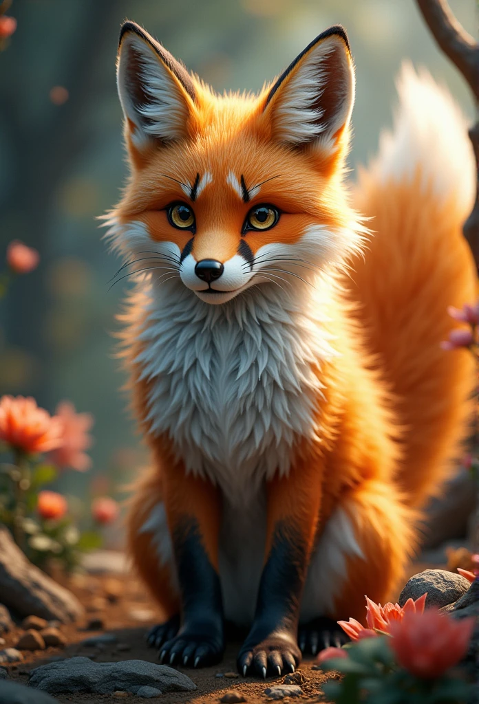 a nine-tailed fox, detailed portrait, detailed fur, detailed facial features, intricate details, fantasy creature, hyper realistic, 8k, detailed environment, cinematic lighting, dramatic shadows, vibrant colors, highly detailed, photorealistic, masterpiece