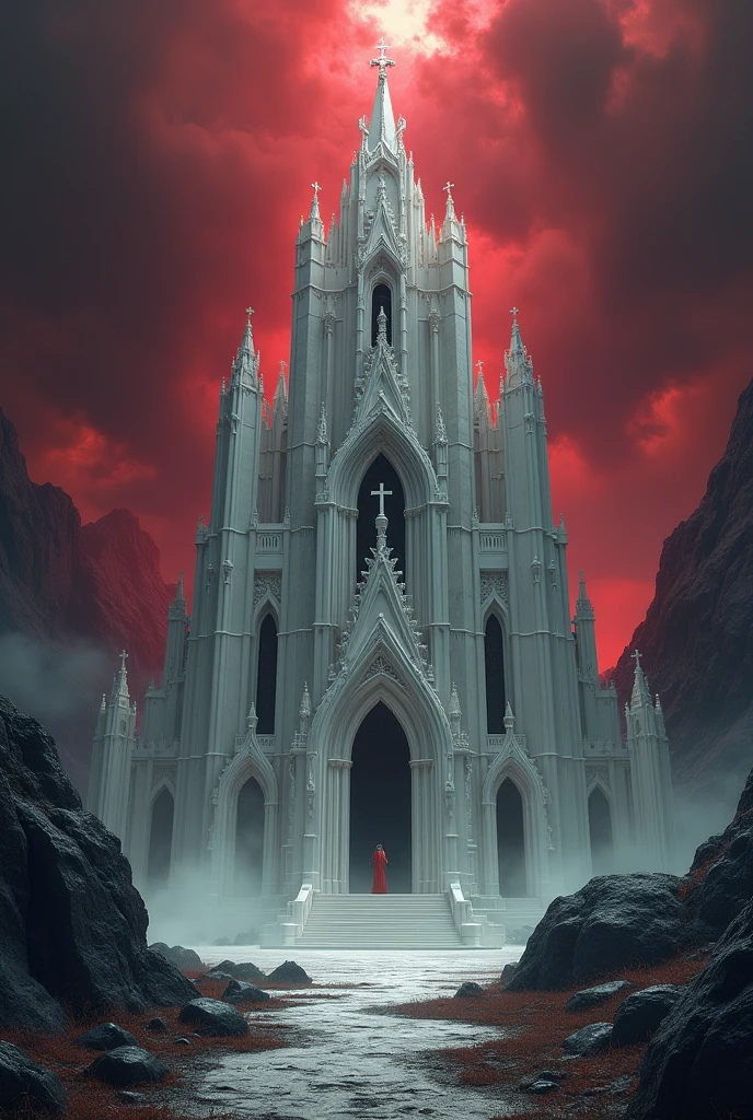 (A temple or church with a dark red and somewhat blackish aura while the temple is pure white.